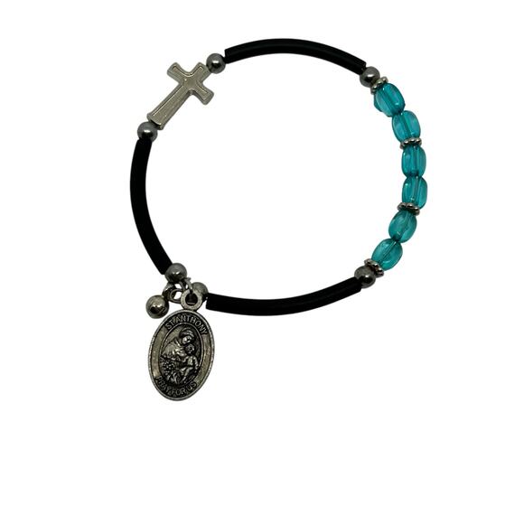 Catholic St. Anthony Medal Stretch Bracelet with Turquoise Beads Cross Charm - Picture 3 of 6